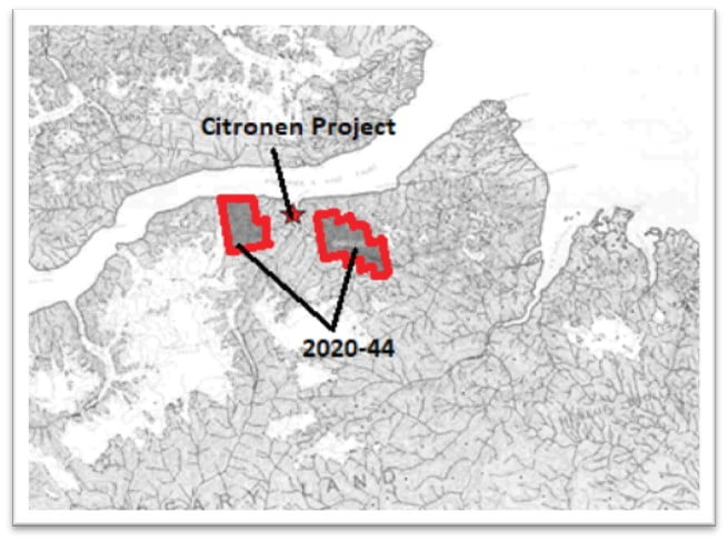 Location of permit 2020-44 in relation to Citronen Deposit, Greenland